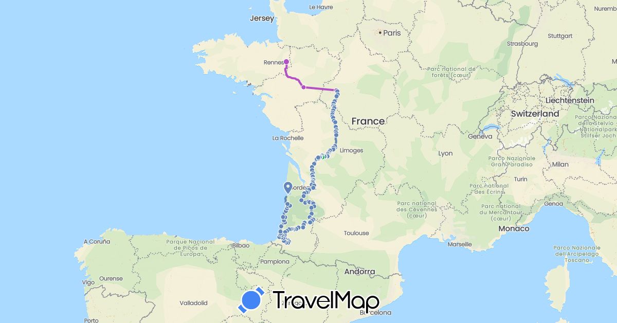 TravelMap itinerary: driving, bus, cycling, train in France (Europe)