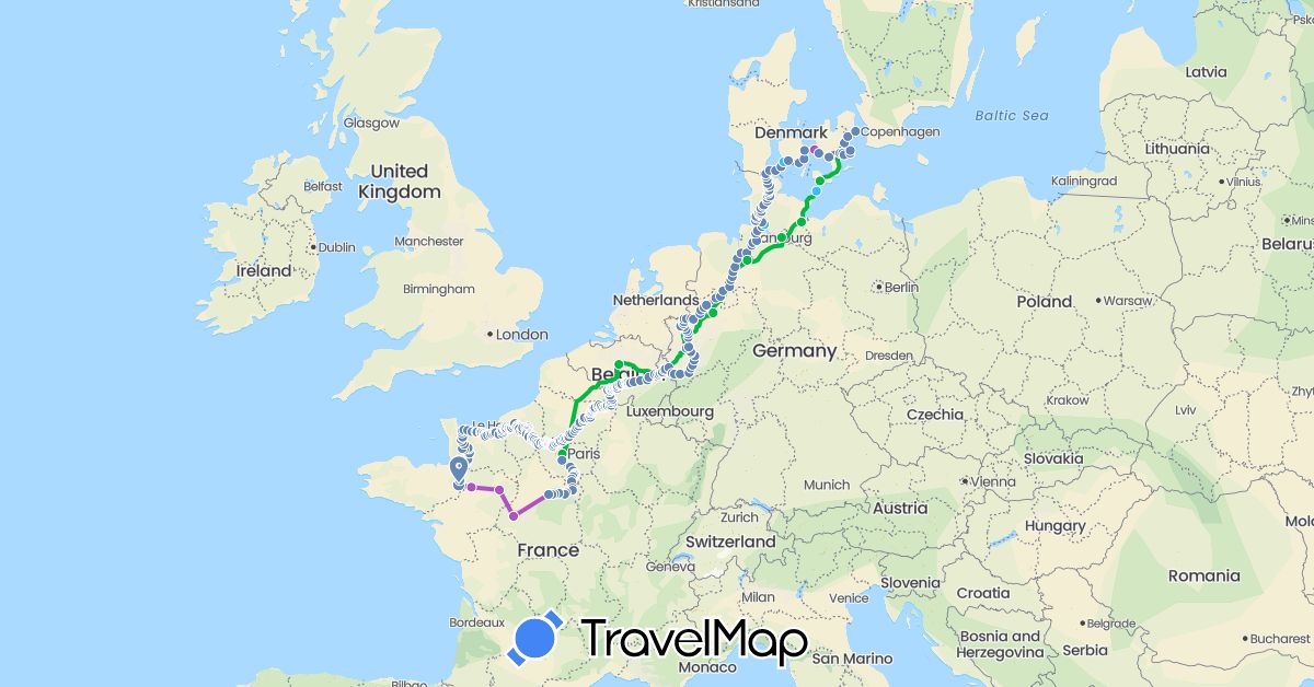 TravelMap itinerary: driving, bus, cycling, train, boat in Belgium, Germany, Denmark, France (Europe)