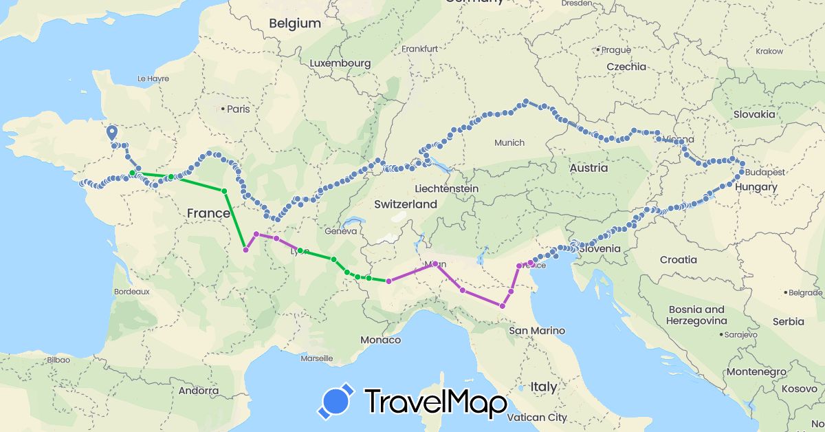 TravelMap itinerary: bus, cycling, train in Austria, Switzerland, Germany, France, Hungary, Italy, Slovenia, Slovakia (Europe)
