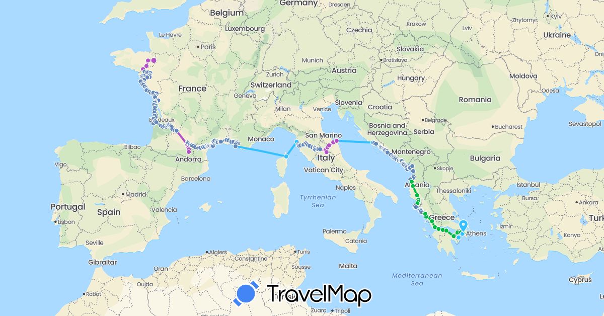 TravelMap itinerary: bus, cycling, train, boat in Albania, Bosnia and Herzegovina, France, Greece, Croatia, Italy, Montenegro (Europe)