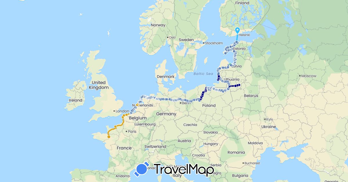 TravelMap itinerary: driving, bus, cycling, boat in Belgium, Germany, Estonia, Finland, France, Lithuania, Latvia, Netherlands, Poland (Europe)
